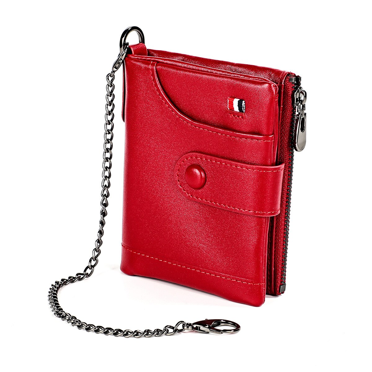 Genuine Leather Wallet Women Men Wallets RFID Card Vallet Short Purse Female Male Green Walet Portomonee Luxury Small Wallet Red: Red with Chain