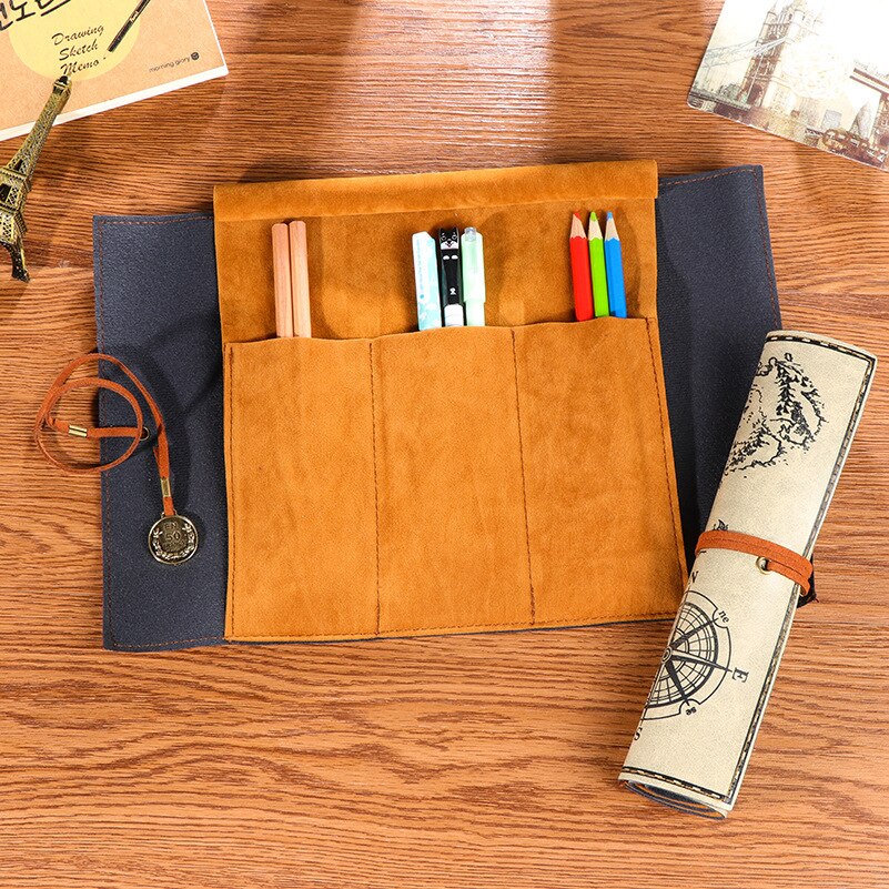 Mariyana etui retro schatkaart etui vintage luxe oprolbaar zakje leren pu etui schrijfwaren