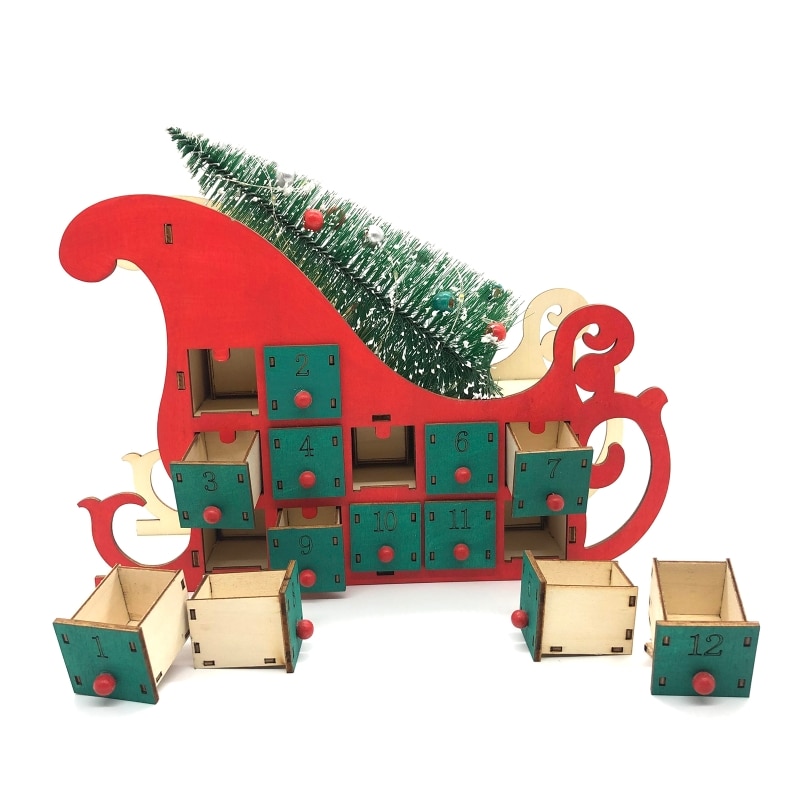 Tree House Sleigh Wooden Advent Calendar Countdown Christmas Party Decor 24 Drawers with LED Light Ornament