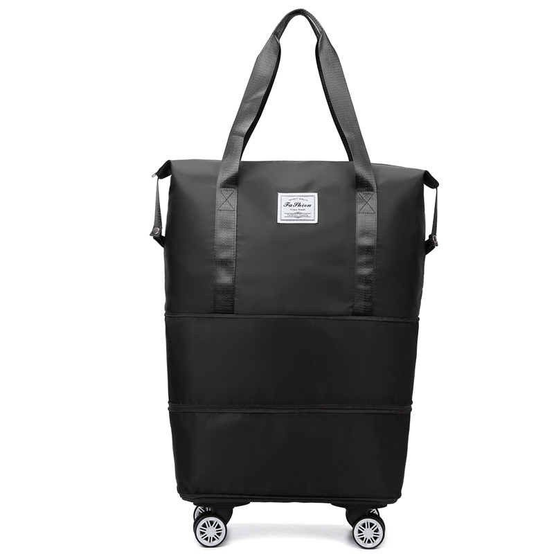 Bolsa de equipaje expandible con ruedas, paquete de lona con ruedas, maleta de viaje plegable, bolsillo con asa, bolsa de almacenamiento de equipaje de viaje húmeda y seca: Negro