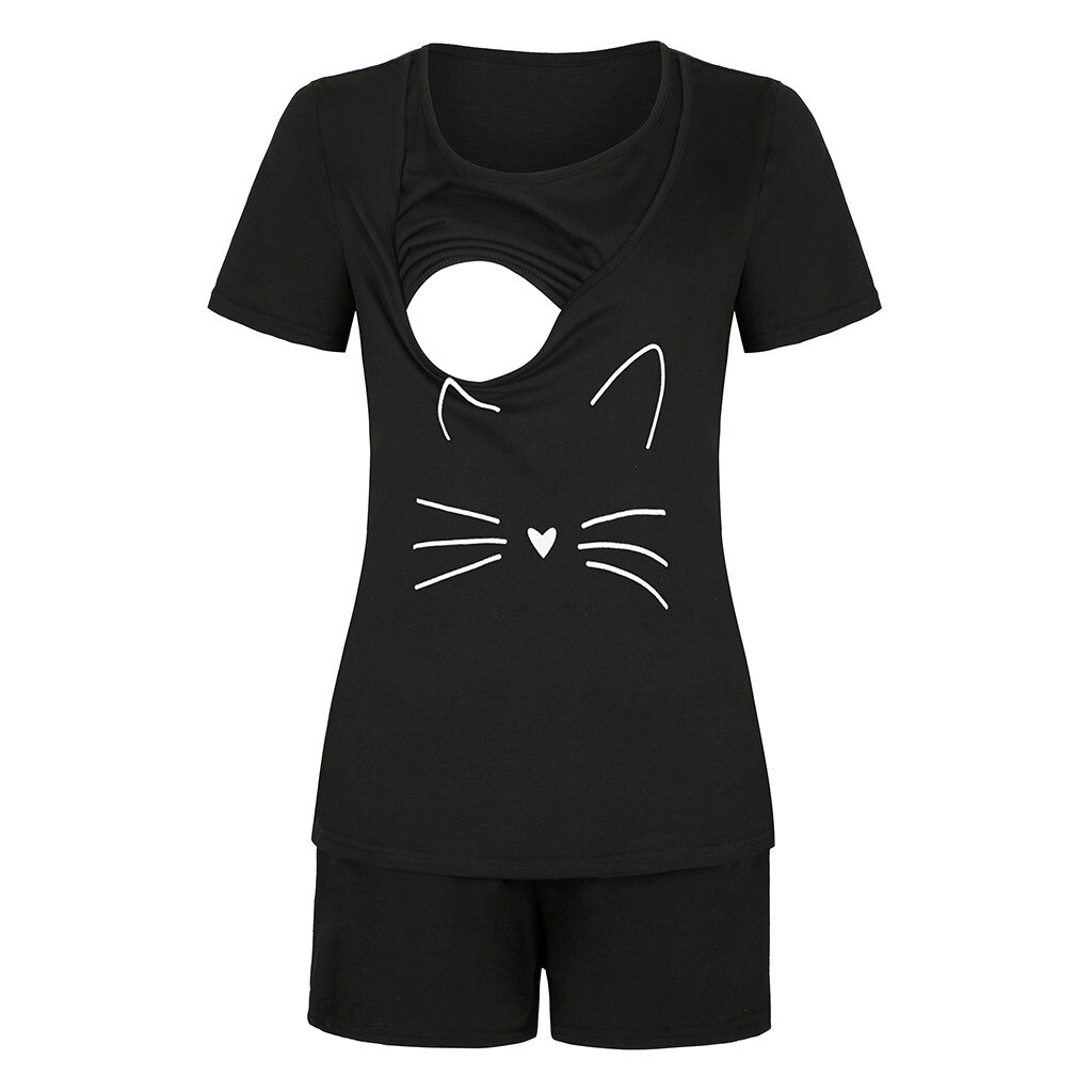 Maternity Clothes Short Sleeve Cute Print Breastfeediing T-shirt Tops+adjustable Shorts Set Nursing Pajamas Sleepwear Nightgown