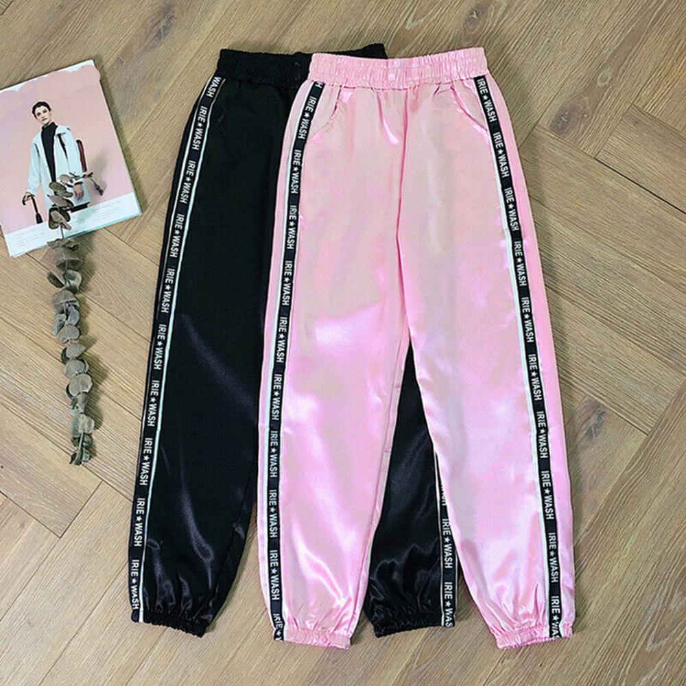 Women Baseball Pants Letter Pocket Elastic Waist Reflective Sport Ribbon Trousers Pants Sweatpants Streetwear