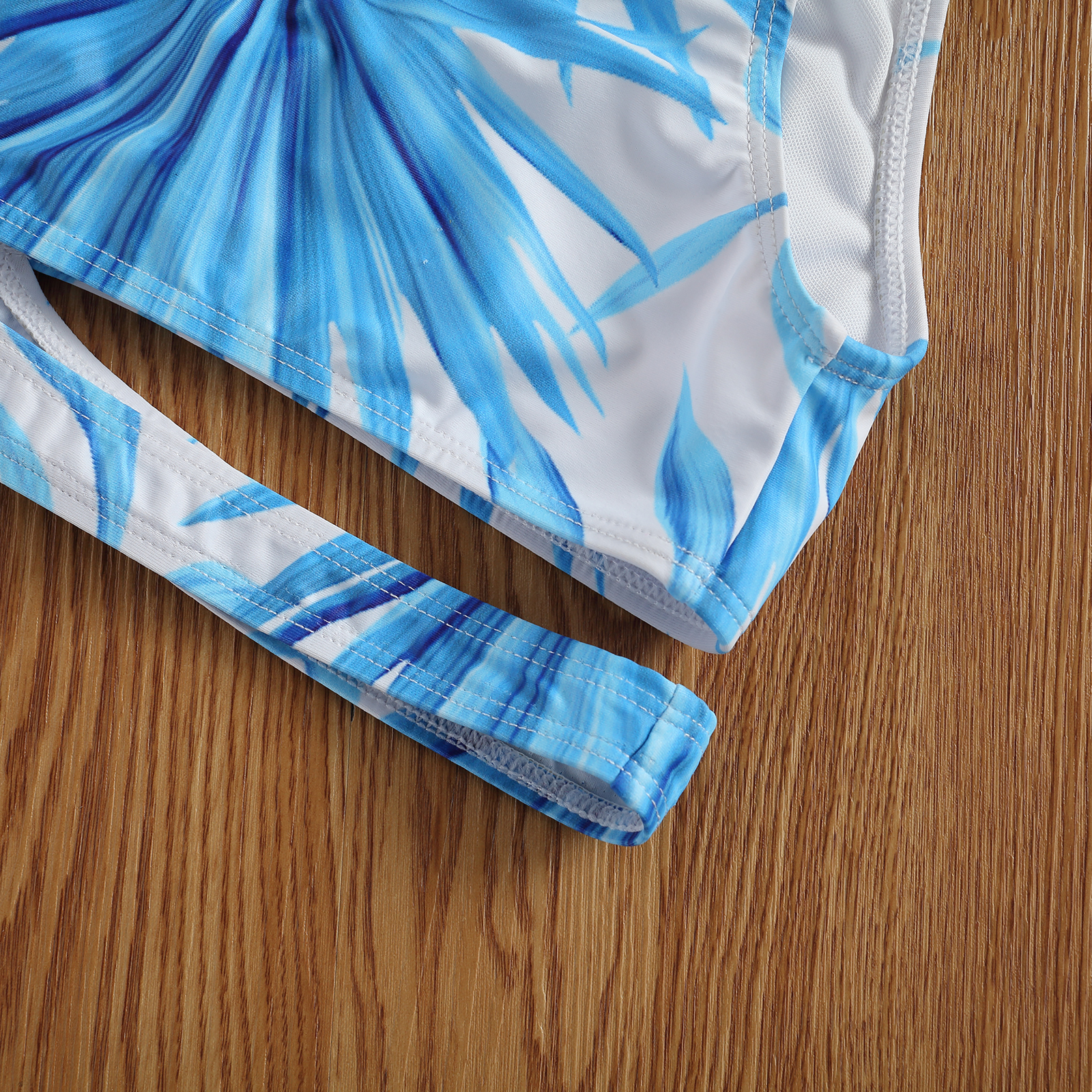 Girls Two-piece Cut Waist Swimming Clothes Set, Blue Sleeveless One-shouldered Crop Top + Shorts, 6-13 Years