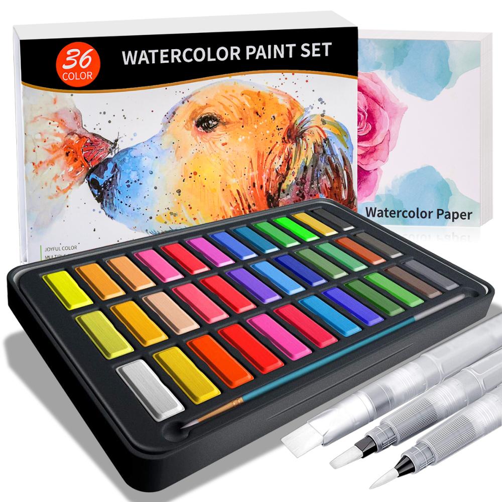 Juego de pinturas de acuarela de 36 colores, con 8 hojas de papel de 300gsm y bolígrafo de pincel de agua para materiales de arte