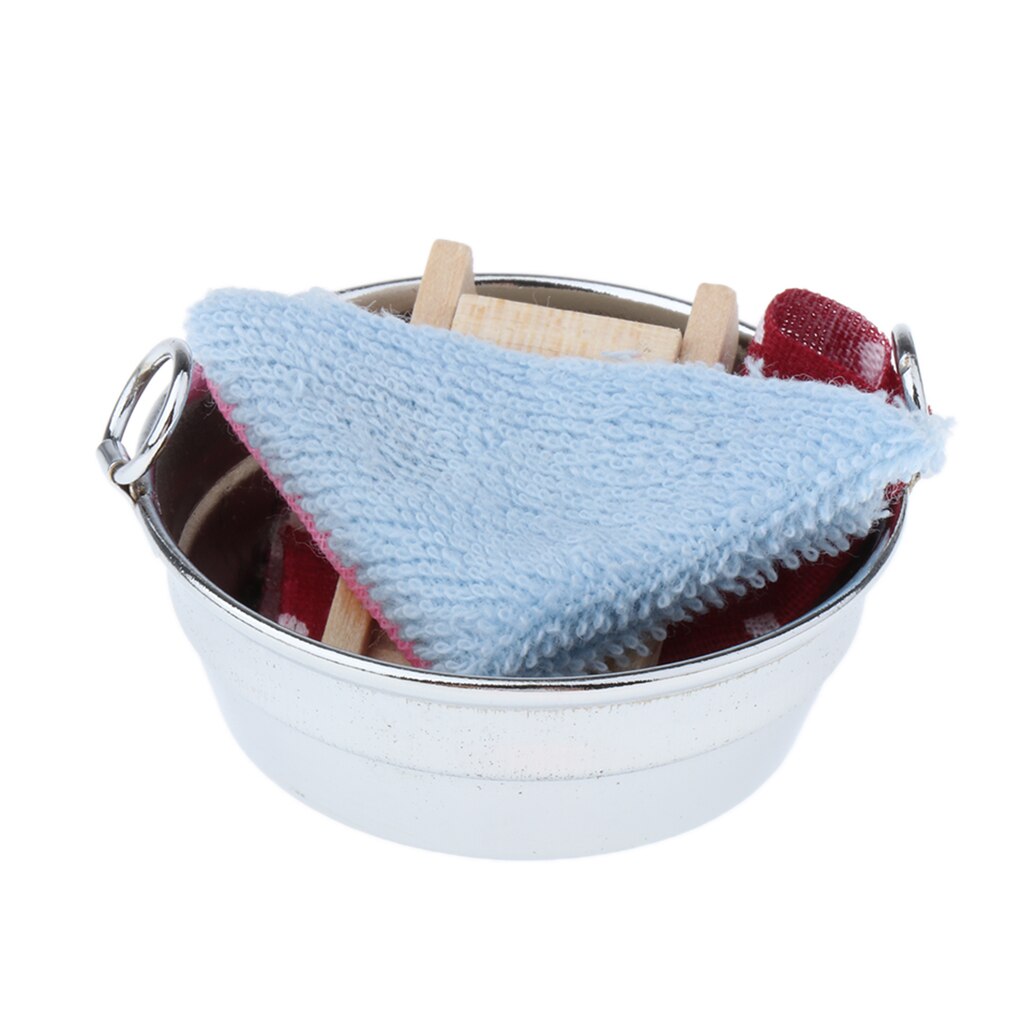 Miniatuur Ijzer Wassen Bad (Met Wassen Boord En Kleding) 1/12 Schaal, Voor Poppen Huis Decoratie, 5x5x2.5cm