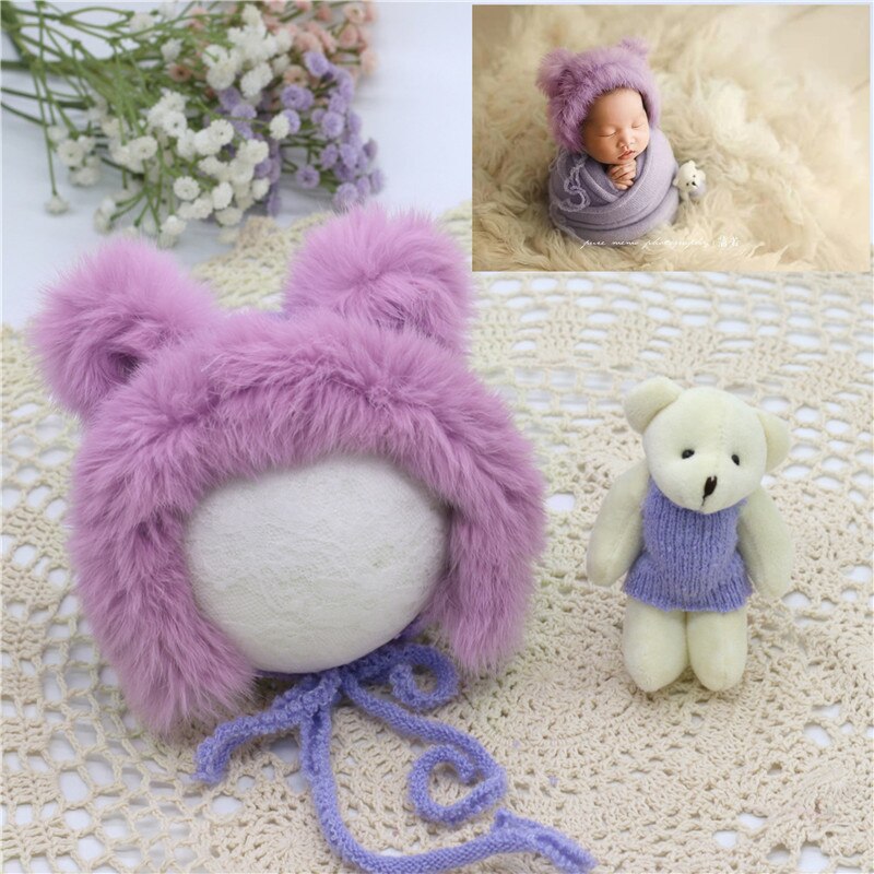 Baby Fotografie Requisiten Neugeborenen Fotografie Hut Bär Puppe Neugeborenen Hut Fotografie Zubehör (1pc Baby Hut und 1pc bär Puppe): purple