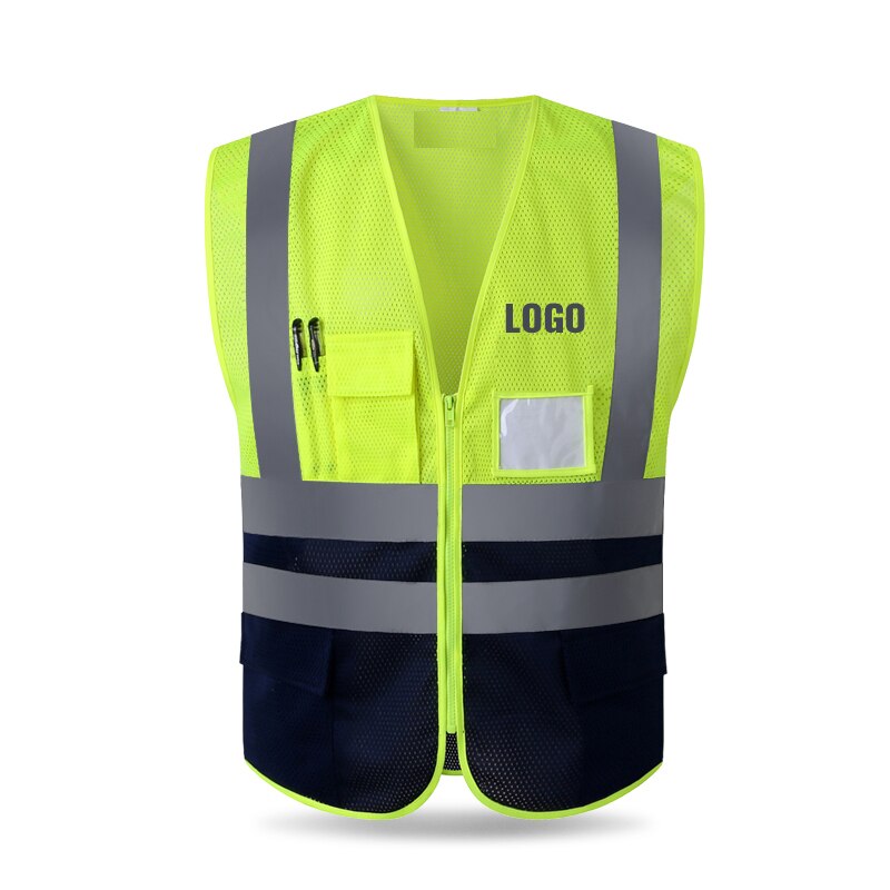 Reflective polyester mesh vests with pockets for construction worker in summer SILK SCREEN COMPANY LOGO PRINTING