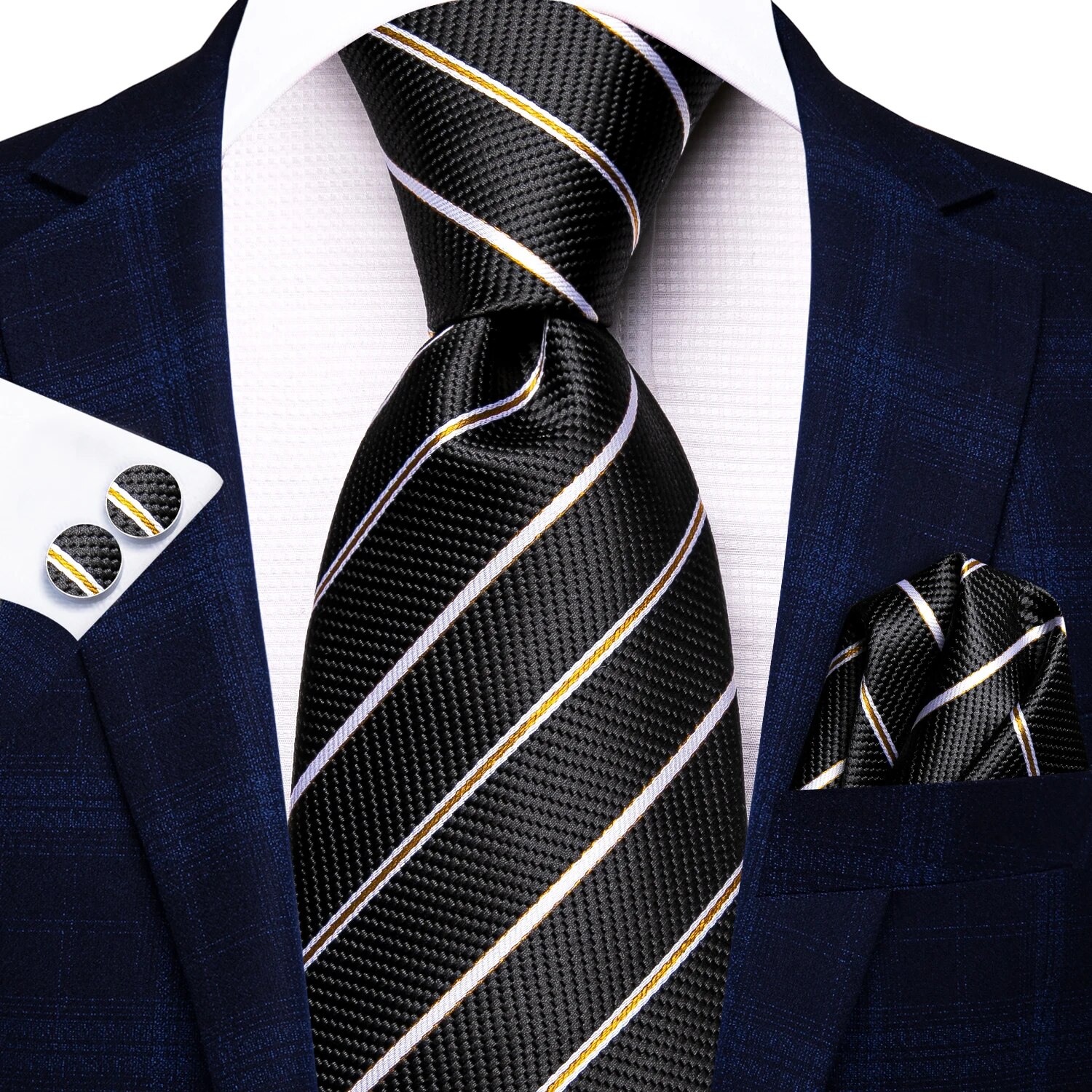 Hi-Tie Black Red Striped Silk Wedding Tie For Men Handky Cufflink Men Necktie Set Business Party: GRAY