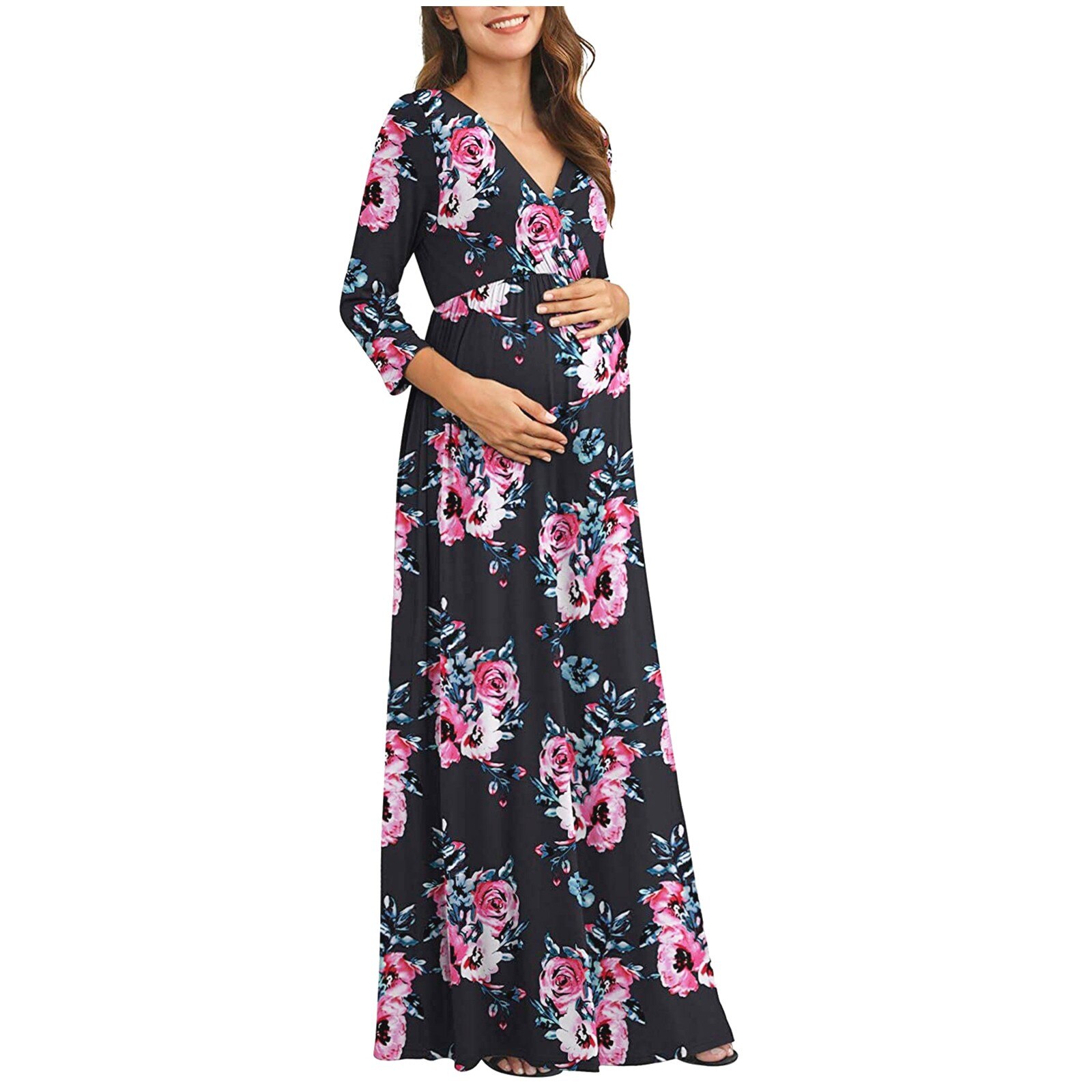 Vestido de maternidad para mujer, vestido largo informal de manga 3/4 con cuello en V, estampado de flores para embarazo: BK / L2