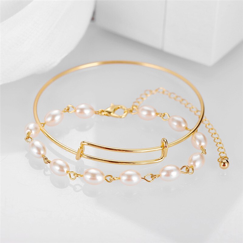 2Pcs Trendy Imitatie Parel Armbanden Armbanden Voor Vrouwen Meisjes Multilayer Goud Metalen Armband Sieraden