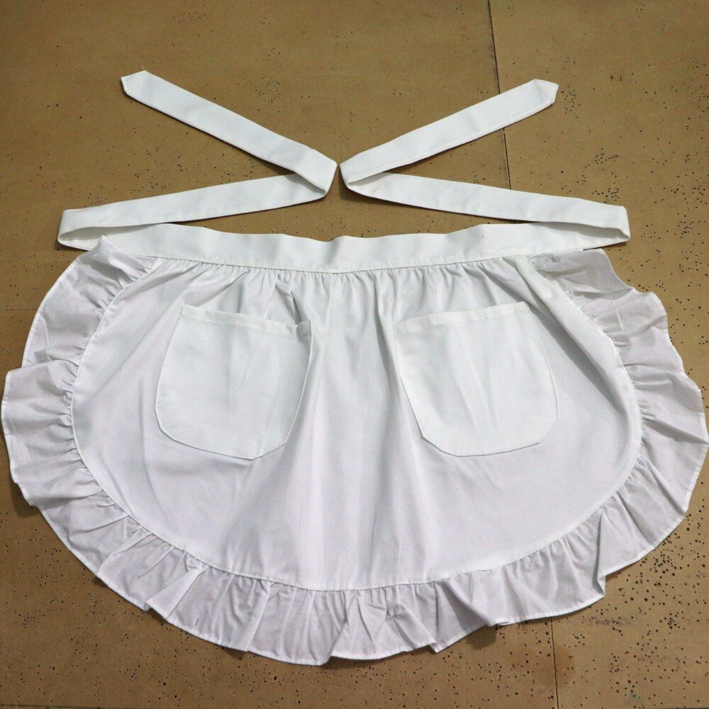Delantal con volantes de algodón para restaurante Bistro de media cintura blanco delantal de cocina para mujer delantal de cocina con bolsillos BA013