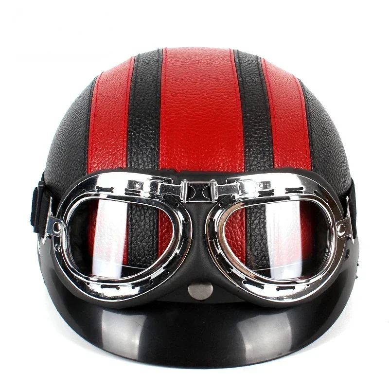 Classic Stripe Motorcycle Safety Helmet Men Women PU Leather Vintage Motor Electric Scooter Goggles Half Helmets