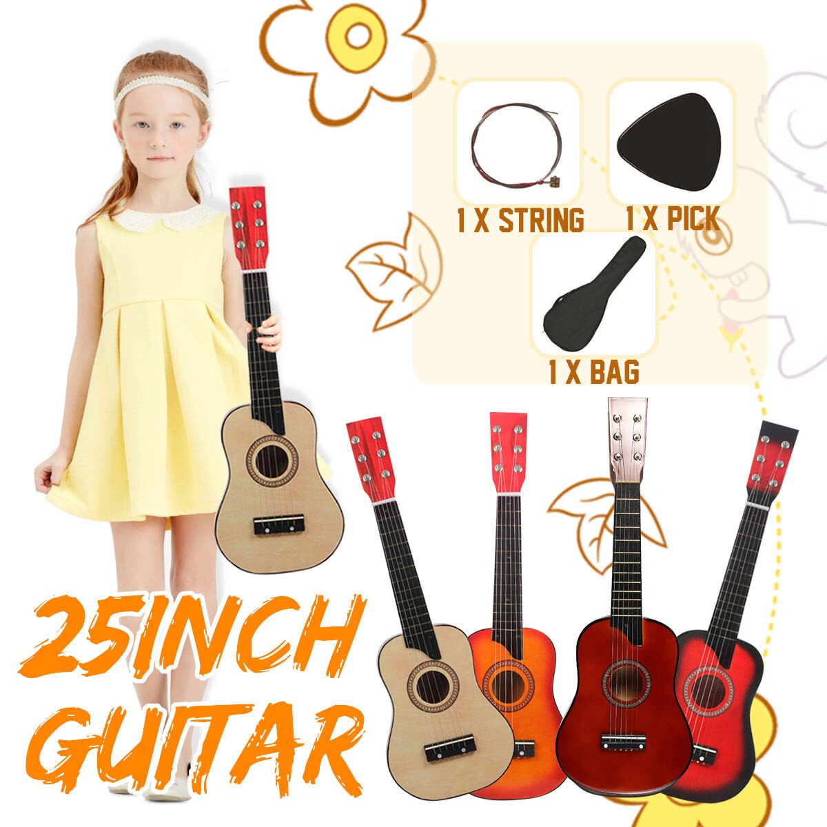 25 inch 6 String Wooden Acoustic Guitar Beginner Kids Musical Instrument with Carrying Bag Children Educational Musical