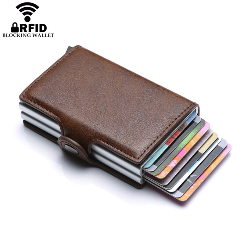 Europa RFID-bescherming Heren lederen creditcardhouder Dubbele aluminium bankkaart beschermhoes ID-portemonnee voor de mens
