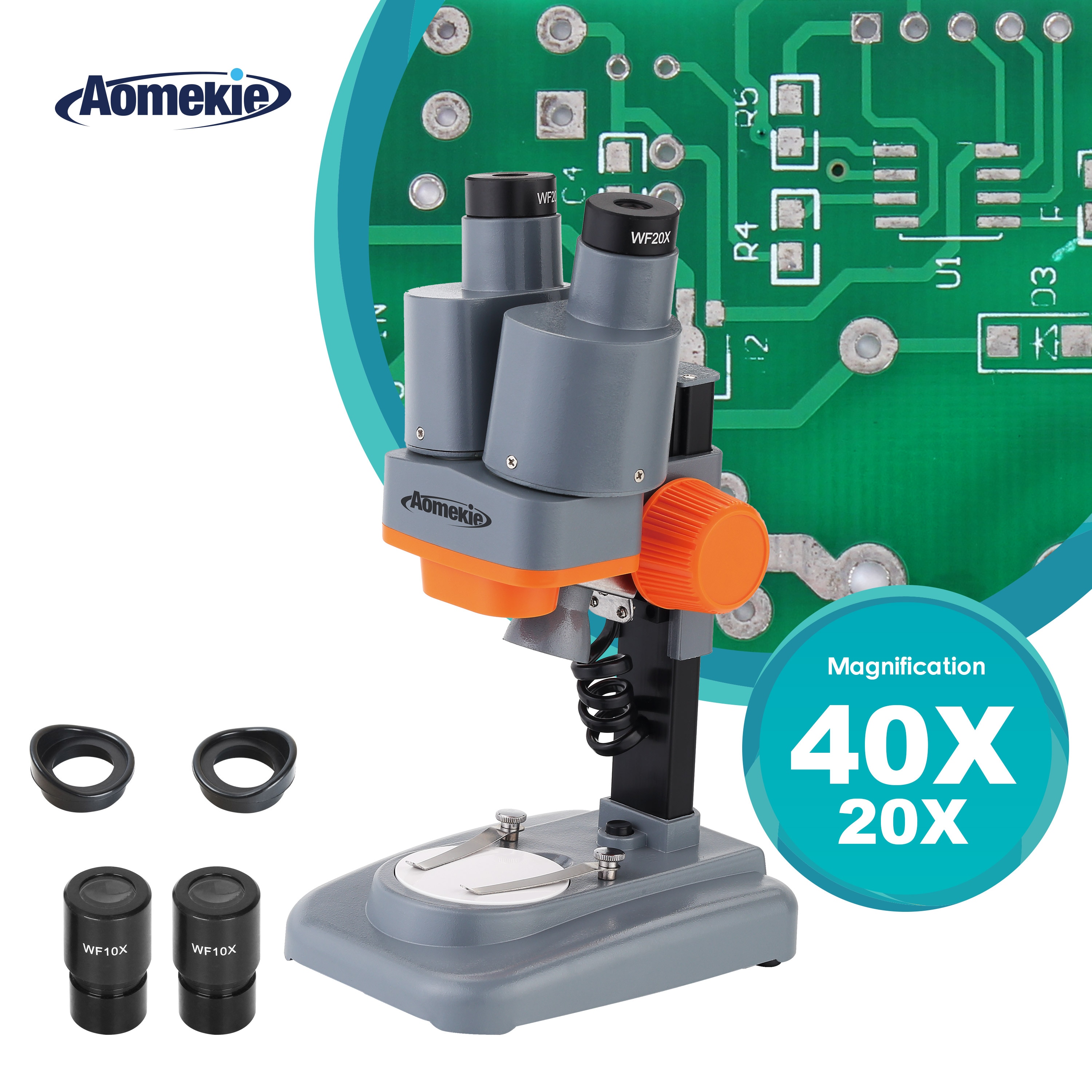 AOMEKIE – Microscope stéréo binoculaire 20X/40X avec Vision large HD pour soudage de PCB, réparation de téléphones portables, observation des minéraux