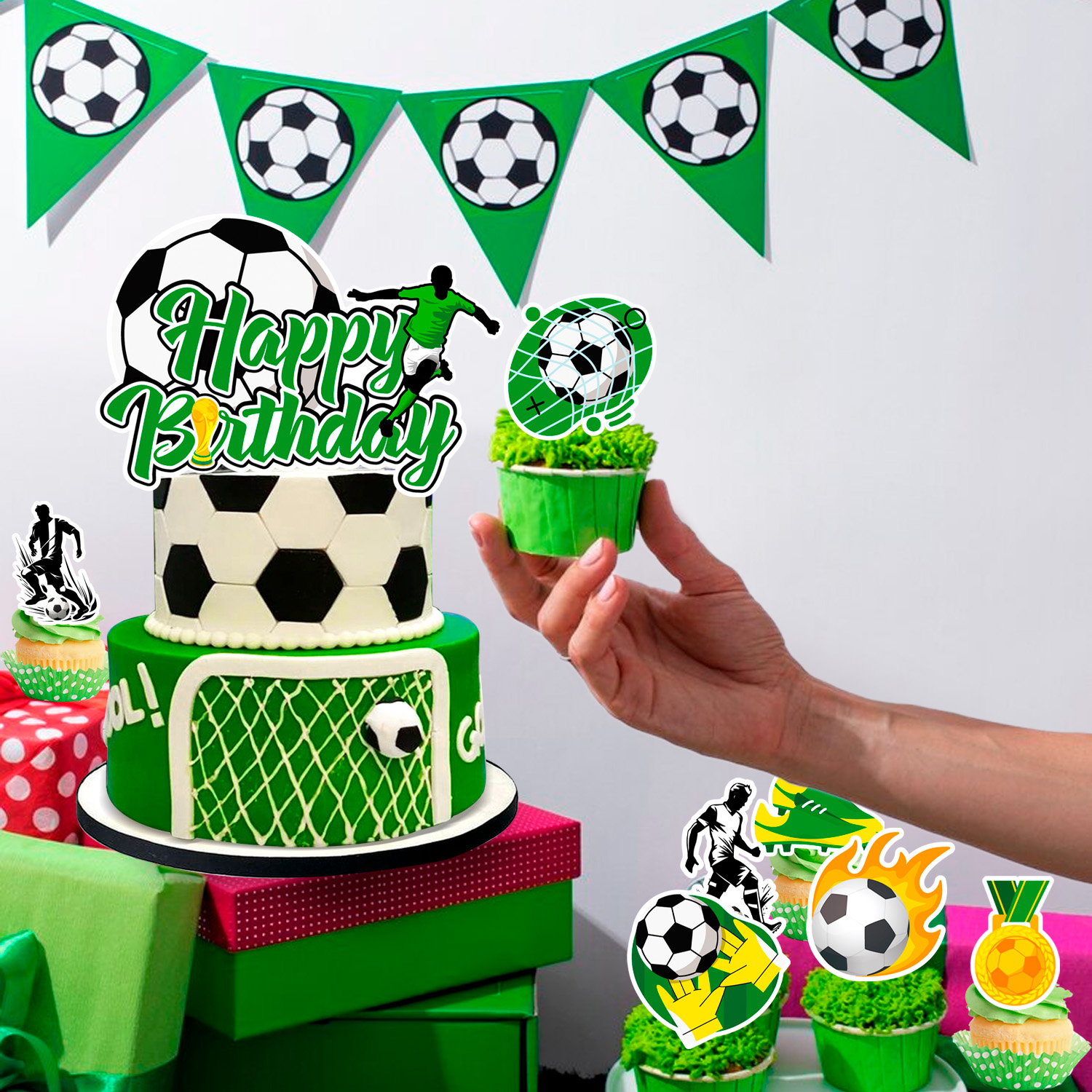 Voetbal taart decoraties, 13 stuks voetbal taart topper set - voetbal cupcake toppers + voetbal taart topper voor voetbal verjaardag