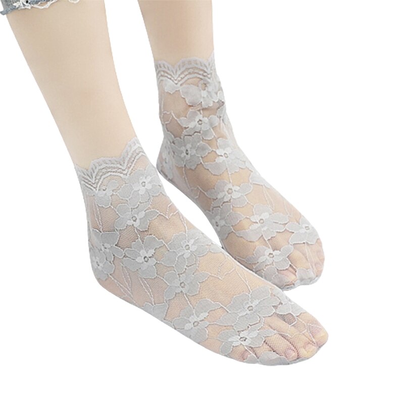 L93F 1 Pair Women's Floral Lace Fishnet Ankle Socks Cotton Stretch Hollow Out Dress Sock for Women Girls Short Stockings