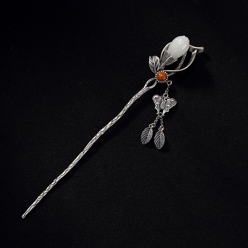 925 Sterling Silver Vintage Magnolia Flower Butterfly Pin Chinese Style Hair Stick For Women Metal Hairpin Jewelry Accessories