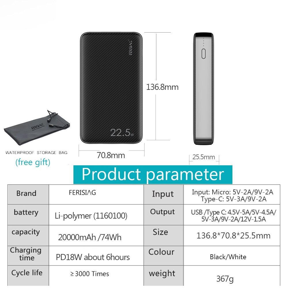 FERISING 20000mAh SCP VOOC 5A Power Bank 22.5W USB Type C External Battery Charger Quick Charge QC3.0 4.0 PD Powerbank Mi banks