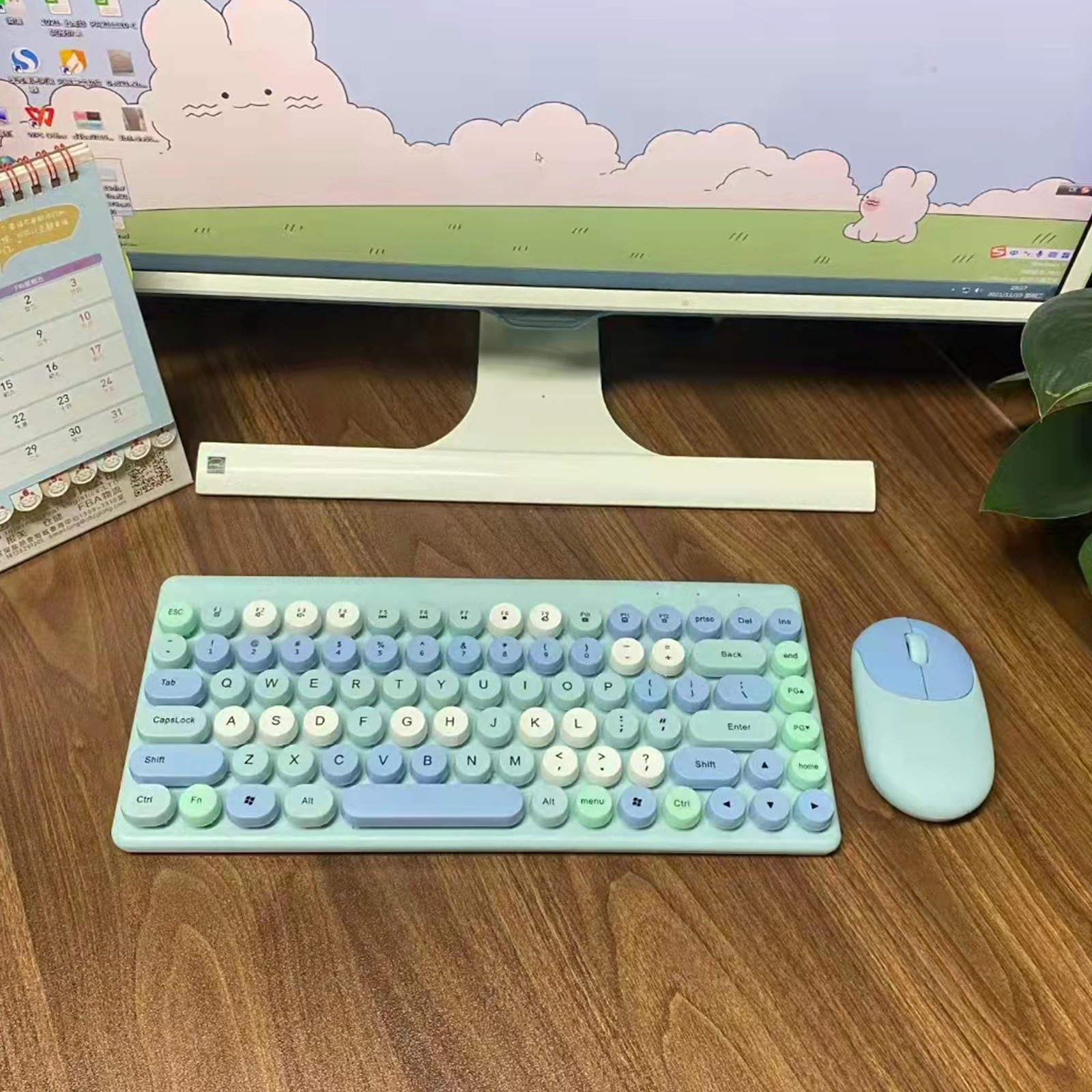 Wireless Keyboard and Mouse Combo Ergonomic Full-Sized 86-Key Cute Round Keycaps Keyboard 2.4GHz Dropout-Free Connectio