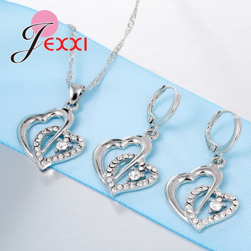 Conjunto de joyas de plata esterlina 925 bonito amor doble cruz y corazón bonito de mujer con circonita cúbica brillante para mujer