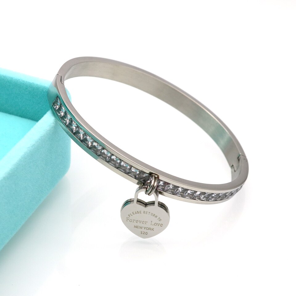 Gorący klasyczny ze stali nierdzewnej złoty kolor bransoletki i Bangles hurtownia biżuterii grzywny podwójne brzoskwiniowe serce bransoletki miłości kobiet: Crystal Heart Silver
