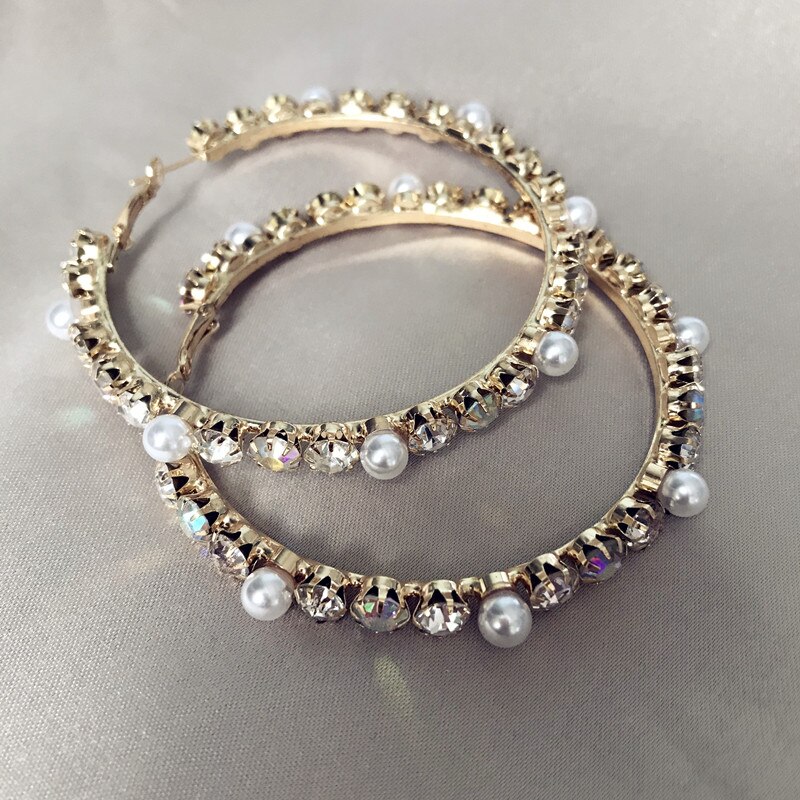 Glass Rhinestone With Pearls Hoop Earrings For Women Jewelry Maxi Lady Statement Earrings Accessories