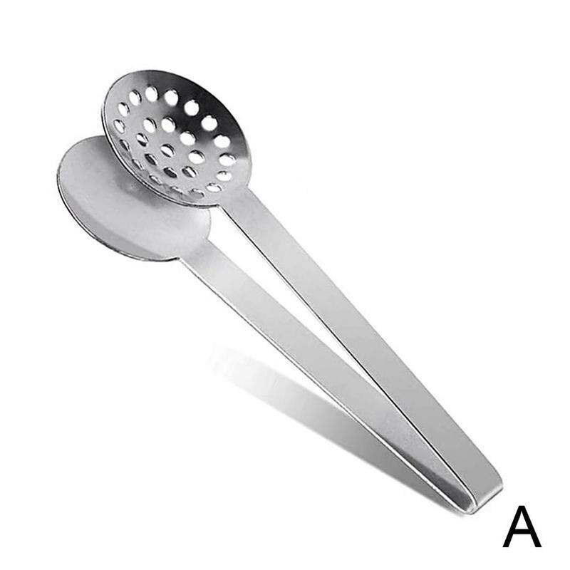 Pinza para té de acero inoxidable, bolsa de té, pinzas para hojas, soporte para colador, cuchara de Metal, exprimidor de té reutilizable, pinza para té multifuncional: A