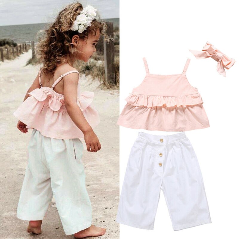 2020 Nuovo 3PCS Bambini Del Bambino Del Bambino Della Ragazza Ruffle Sling Magliette e camicette Pantaloni Leggings Abiti Prendisole 1-6 Anni