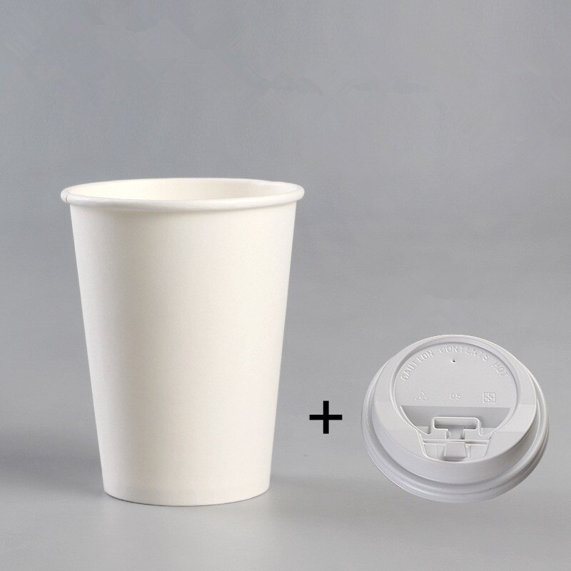 50 stuks dikke witte papieren wegwerpbekers voor koffie, 250ml kleine bekers voor sap, water en drank, met deksels en bruine mouwen: Beker en wit deksel