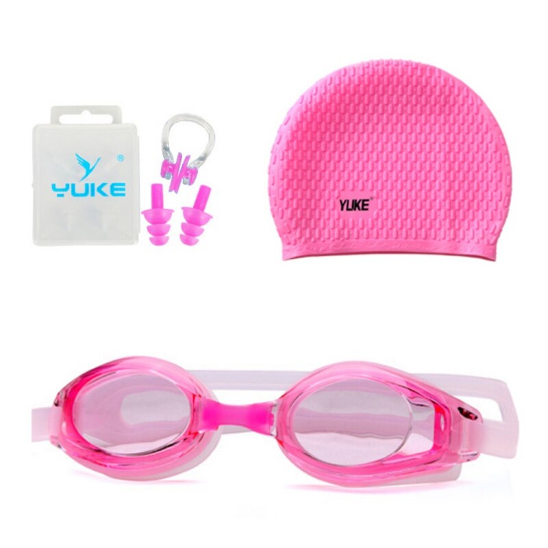 4 in 1 waterdichte anti-condens uv-bescherming surf zwembril zwembril en muts set volwassen zwembril zwemmutsen oordopjes: Roze