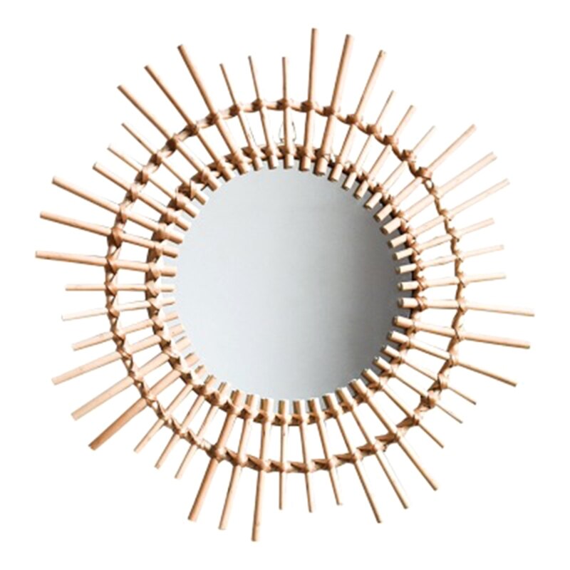 Sun Shape Decorative Mirror Rattan Innovative Art Decoration Round Makeup Mirror Dressing Bathroom Wall Hanging Mirror: 3