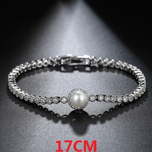 LUOTEEMI Edle Nachahmung Perle Luxus Zirkonia Tennis Armbinde Armbänder Für Frauen Braut Hochzeit Zubehör Schmuck: 17CM