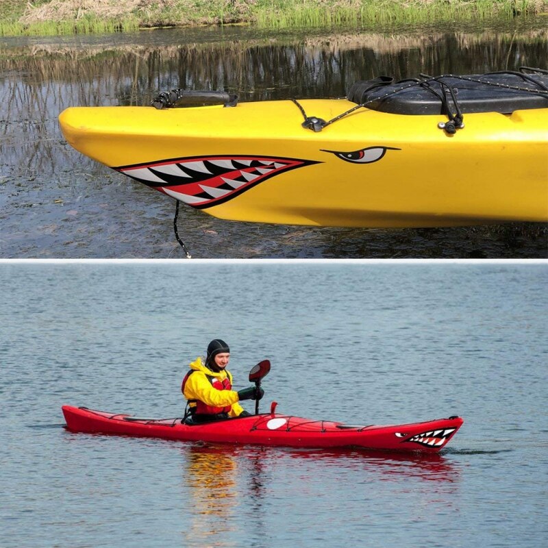 Pegatina de Kayak de 2 piezas, pegatinas impermeables con dientes de tiburón para la boca, calcomanía para canoa, bote marino, coche, camión, vinilo, tabla de surf, pegatinas DIY