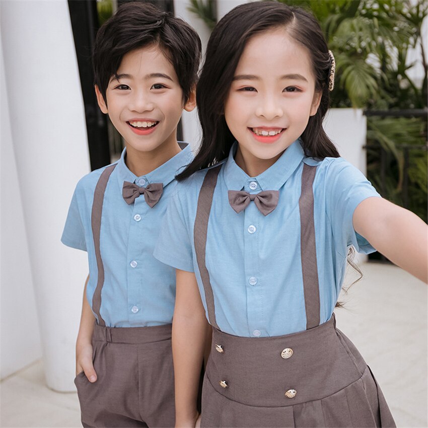 Boys Girls School Uniforms Kids Class Clothing Set Summer British Style Strap Bow Chorus Costumes Children 100-180cm Team Wear