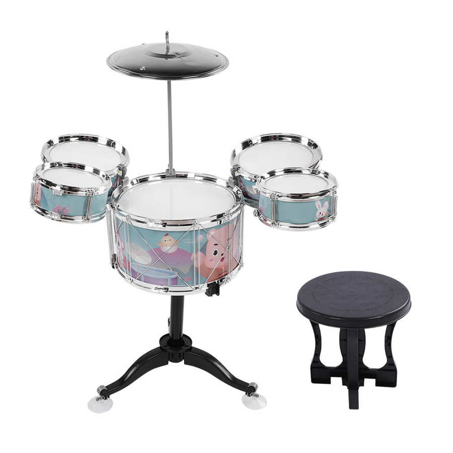 Set di batteria per bambini giocattoli per strumenti musicali Jazz giocattoli per bambini 5 tamburi + 1 sgabello per piatti piccolo Drum Stick giocattoli musicali educativi