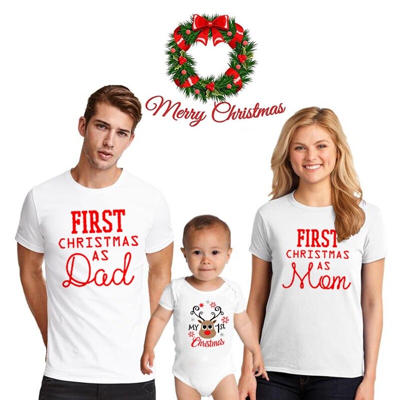1pc första jul pappa&mamma t-shirt bebis söt tröja mamma pappa och bebis 1st jul familjelook kläder slitage