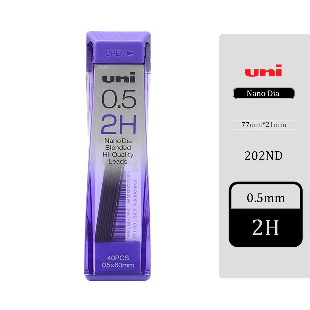 UNI 202ND Automatic Pencil Lead 0.5/0.7/0.3 Refill Nano Diamond Not Easy To Break Pencil Lead Black HB/2B/2H/B for Students: 0.5mm 2H