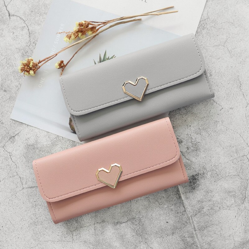 Cute PU Leather Purse Heart-shaped Decoration Long Multi-card Wallet Purse Buckle Clutch Mobile Phone Student Women's Wallet