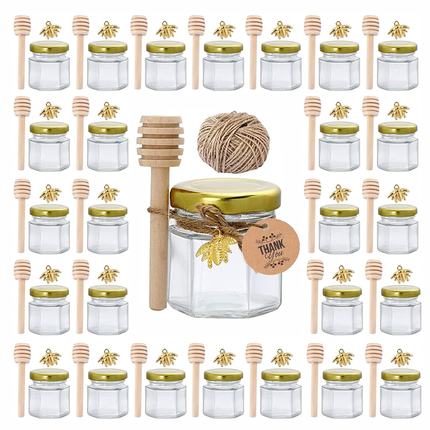 Confezione da 20 bomboniere esagonali in vetro miele pendenti vuoti a forma di ape coperchio dorato Mini esagoni vaso di miele in vetro con mestolo in legno