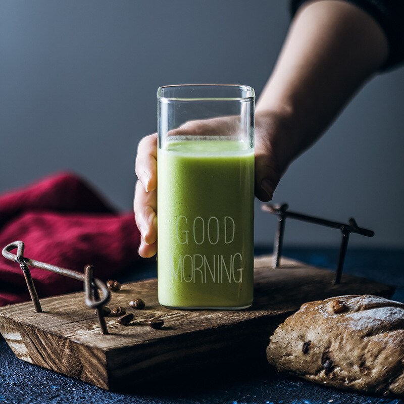 Good Morning 400ml Black White Transparent Square Coffee Tea Drinks Dessert Breakfast Milk Cup Kitchenware Glass Cup