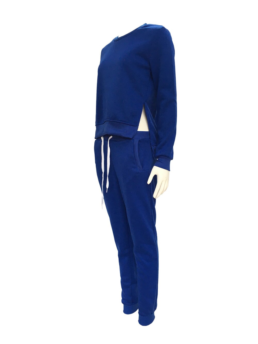 Solid lace up furcation Suit Set Women Tracksuit Two-piece Sport Style Outfit Jogging Sweatshirt Fitness Lounge Sportwear: Blue / L