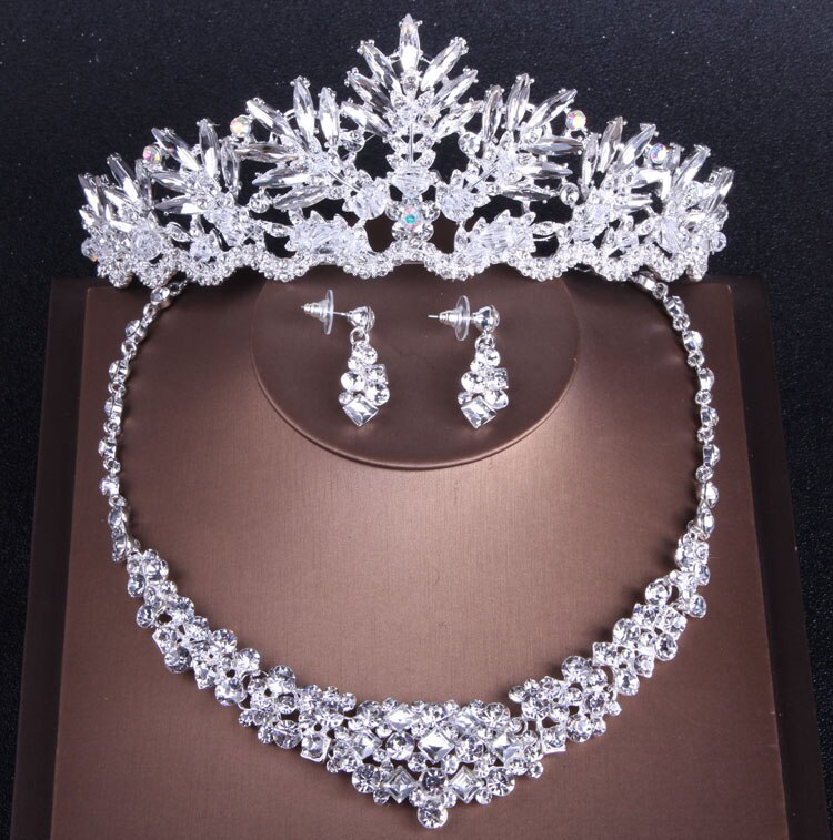 Luxury Sparkling Crystal Leaves Bridal Jewelry Set Rhinestone Tiaras Crown Necklace Earrings Wedding African Beads Jewelry Sets: 3Pcs Jewelry Sets