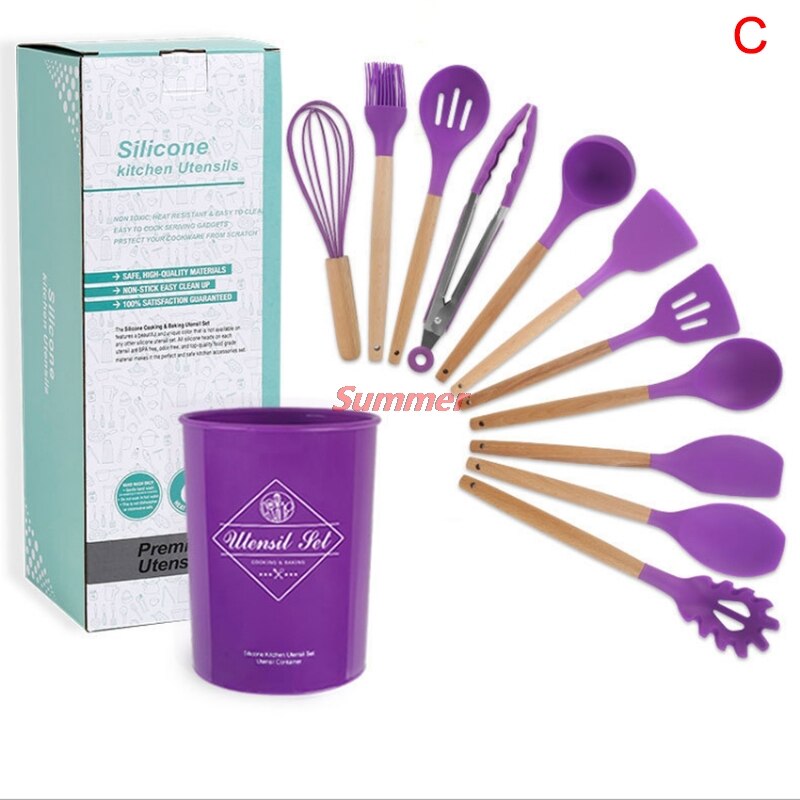 Purple Silicone Cooking Utensils Set Non-stick Spatula Shovel Wooden Handle Cooking Tools Set Special Heat-resistant: C
