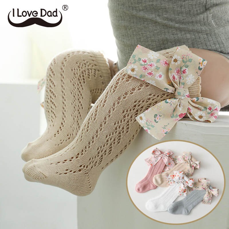 Calzini per bambini a fiori calzini estivi traspiranti per bambini calzini alti per bambina fiocchi stampati calzini lunghi per bambini sottili vuoti