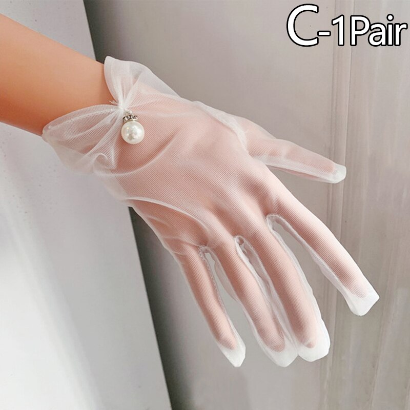 Girls Wedding Gloves Mesh Bow Pearl Princess Party Supplies Bride Dress Gloves Cosplay Performance Lace Gauze Transparent Gloves: C