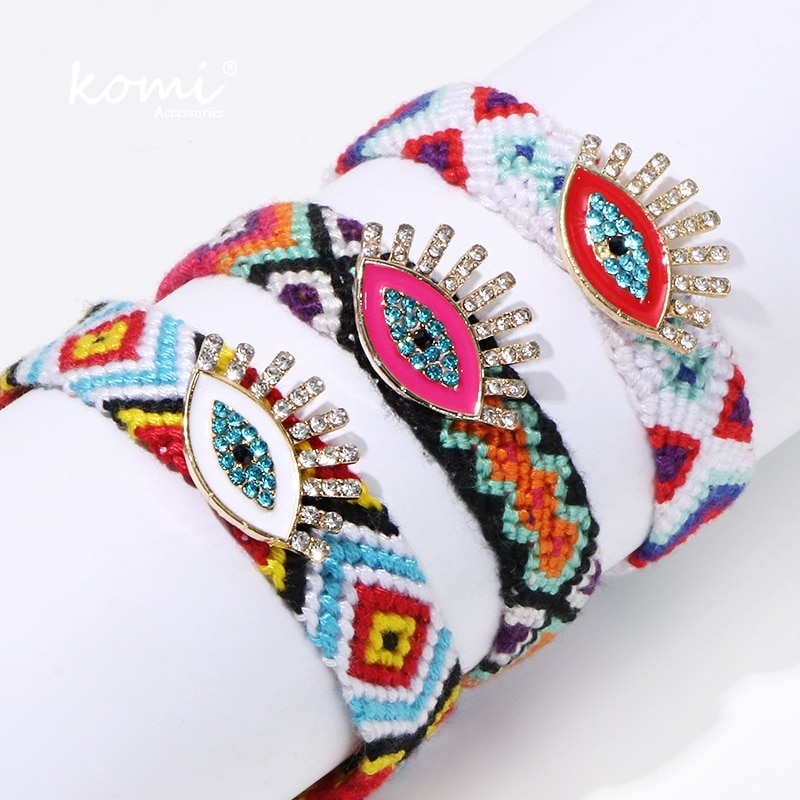 KOMi Kreative Bohemien handgefertigt gewebte Ethik Armbänder Für Frauen Bunte Augen Strass Kristall Quaste Armbinde K1128