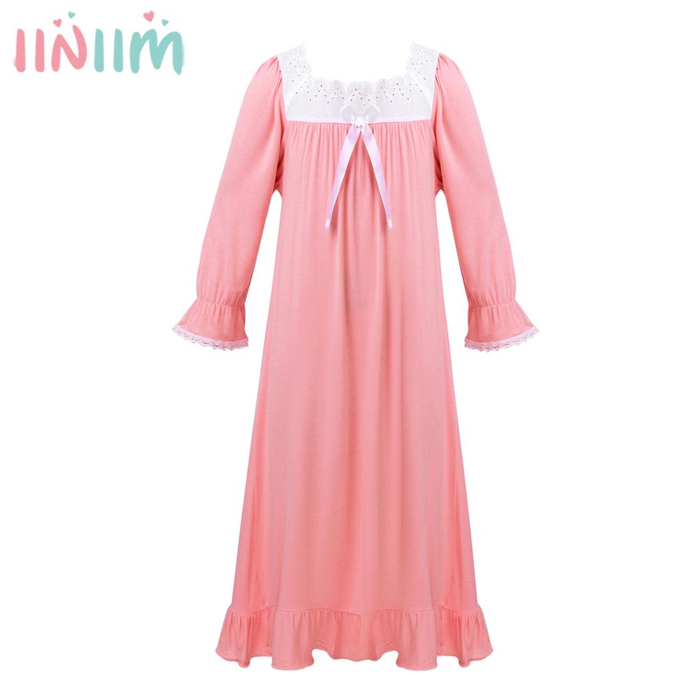 Barn flickor sovklänning prinsess nattlinne nattkläder pyjamas fyrkantig hals långärmad bomull spets volang nattrock