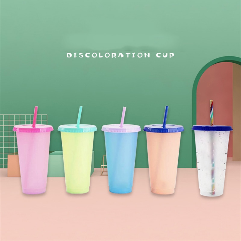 Reusable Plastic Temperature Color Changing Cold Cup Summer Magic Coffee Thermochromic Mug Water Bottles With Straws Party Cups