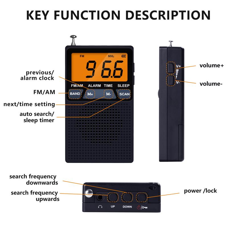 Mini AM/FM Dual Band Radio Portable Stereo Radios Clock Alarm Speaker Radio Lcd Display with Headphones